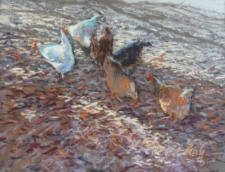 A Pastel painting by Penelope Gilbert-Ng in the Realist Impressionist style  depicting Animals Birds and Rural with main colour being Blue Brown and Grey and titled City Chooks