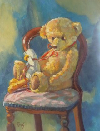 An Oil painting by Penelope Gilbert-Ng in the Realist Impressionist style  depicting Still Life Children's Toys with main colour being Blue Brown and Green and titled Duck and Teddy