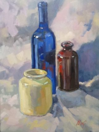 An Oil painting by Penelope Gilbert-Ng in the Impressionist style  depicting Still Life Bottles with main colour being Blue Brown and Cream and titled Still Life