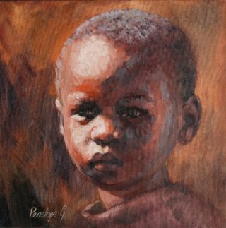 An Oil painting by Penelope Gilbert-Ng in the Realist Impressionist style  depicting People Boy with main colour being Black Brown and Orange and titled Hope
