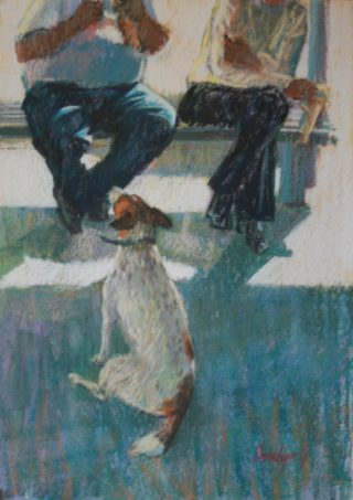 A Pastel painting by Penelope Gilbert-Ng in the Realist Impressionist style  depicting People Animals and Dogs with main colour being Blue Cream and Green and titled Aw come on you guys!