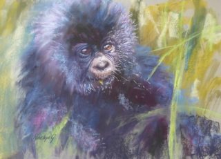 A  painting by Penelope Gilbert-Ng in the Realist style  Animals with main colour being Green and Grey and titled Caught Out