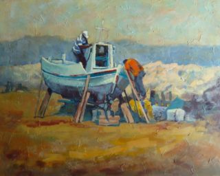 An Acrylic painting by Penelope Gilbert-Ng in the Realist Impressionist style  depicting Boats Beach with main colour being Blue and Ochre and titled Maintanence