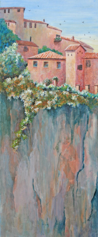 An Acrylic painting by Maxine Collins in the Realist Impressionist style  depicting Landscape Buildings and Hills with main colour being Green Grey and Orange and titled Perched On High, Italy