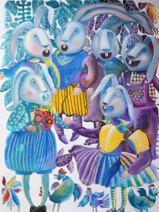 A Mixed Media painting by Yelena Revis in the Surrealist style  depicting Animals Birds and Cats with main colour being Black Blue and White and titled A Cappella