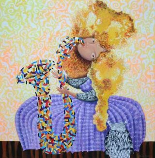 An Acrylic painting by Yelena Revis in the Abstract style  depicting Woman Fantasy Girl and People with main colour being Black Gold and Ochre and titled Dreamtime jazz