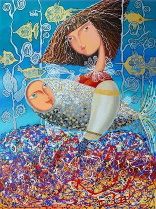 An Acrylic painting by Yelena Revis in the Surrealist style  depicting People Animals Birds and Fish and titled Their secrets