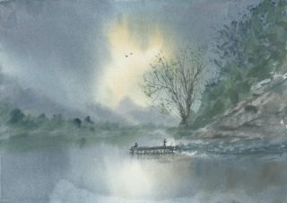 A Watercolour artwork by Steven Scott depicting  Water and titled Calm Reflections