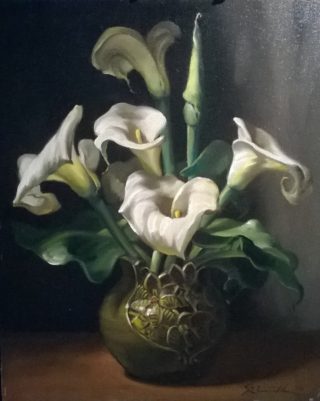 An Oil painting by Gregory R Smith in the Realist style  depicting Still Life Flowers and Vases with main colour being Black Cream and Grey and titled Arums II