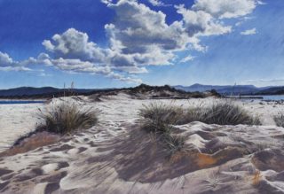 A Pastel painting by Nicki Hall in the Realist style  depicting Beach with main colour being Blue Cream and Grey and titled Wallagoot Dunes III