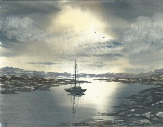 A Watercolour painting by Steven Scott Boats and Water and titled Ocean Light