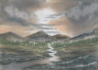 A Watercolour artwork by Steven Scott depicting  Mountains River and Sunset and titled Over the Mountains