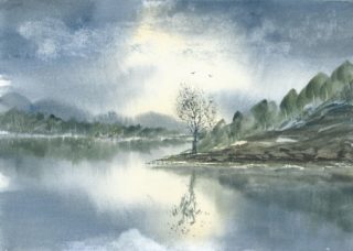 A Watercolour painting by Steven Scott Water with main colour being Blue and titled Reflecting Memories