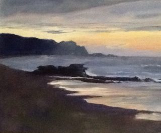 An Oil painting by Susan Lanchester depicting Landscape Beach and Sunset with main colour being Blue Brown and Grey and titled Johanna's Bay