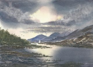 A Watercolour painting by Steven Scott in the Realist Impressionist style  depicting Seascape Mountains Swamp and Water with main colour being Grey and titled Between the Mountains and the Sea