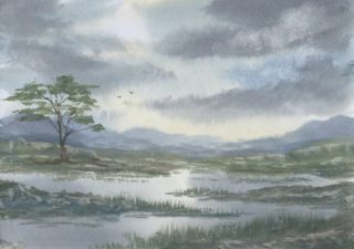 A Watercolour painting by Steven Scott in the Realist Impressionist style  depicting Landscape Hills River and Swamp with main colour being Blue Grey and Olive and titled Birds in the Air
