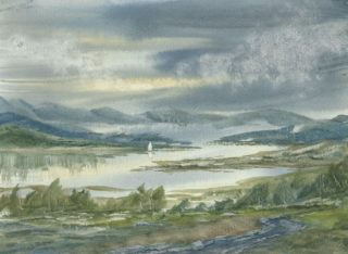 A Watercolour painting by Steven Scott in the Realist Impressionist style  depicting Landscape Hills and Swamp with main colour being Blue Grey and Olive and titled Breeze in the Summer