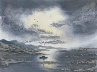 A Watercolour painting by Steven Scott in the Realist Impressionist style  depicting Landscape Boats Hills and River with main colour being Blue and Grey and titled Journey to Serenity