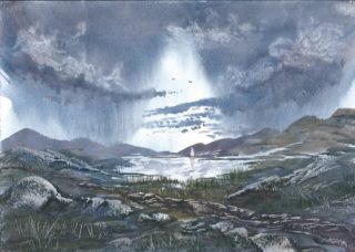 A Watercolour artwork by Steven Scott depicting  Mountains and Storm and titled Gothic Dreamland