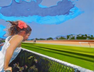 An Acrylic painting by Jeanette Adams in the Contemporary Realist style  depicting Children Flowers and Girl with main colour being Blue Green and Pink and titled Young Girl