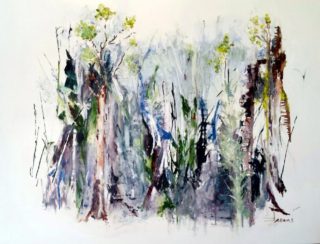 An Oil painting by Jeanette Adams in the Impressionist style  depicting Trees Bush Interior and Mountains with main colour being Blue Brown and Green and titled Around In The Forest