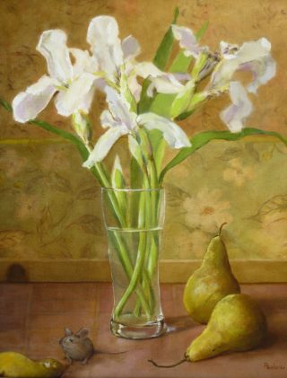 An Oil  painting  by Australian artist Helen Paulucci in the Realist Impressionist style  depicting Flowers, Kitchenware and Vases with main colour being Cream, Green and Ochre and titled White Irises and Pears