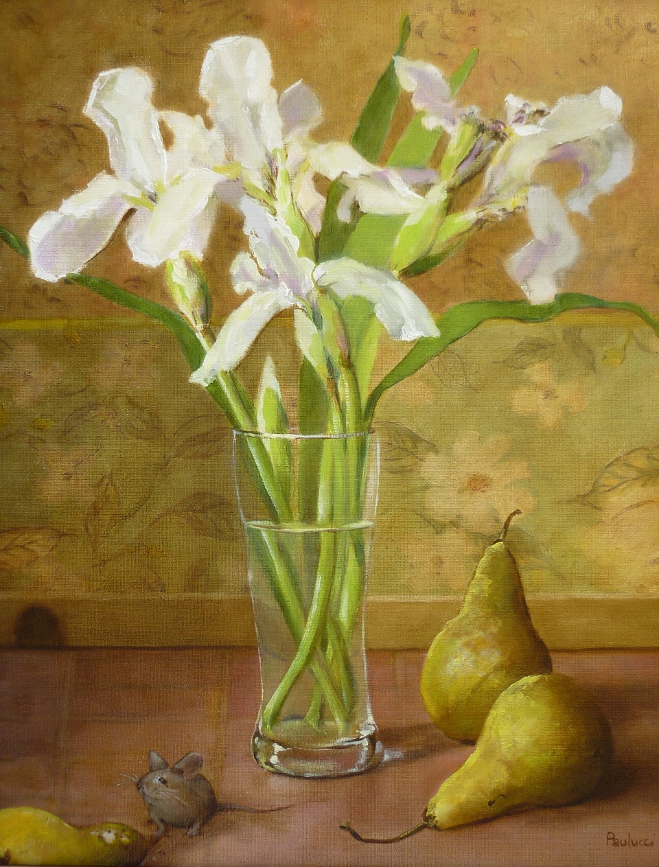 Acrylic Painting by Helen Paulucci titled White Irises and Pears