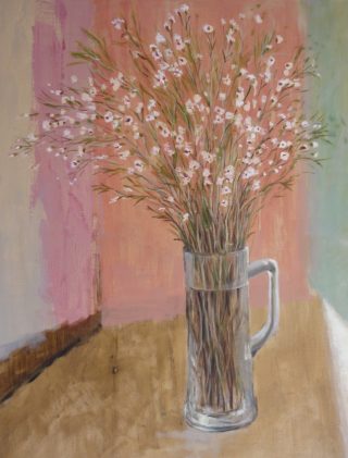 An Acrylic painting by Helen Paulucci in the Impressionist style  depicting Flowers and Vases with main colour being Brown and Pink and titled Spray of Flowers in a Glass Stein