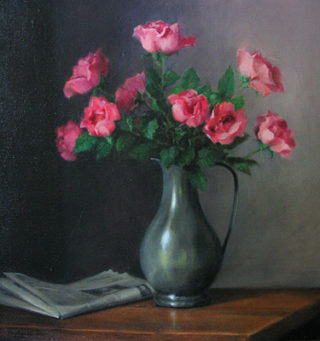 A  painting by Helen Paulucci Flowers and Vases with main colour being Grey and Pink and titled Pink Roses