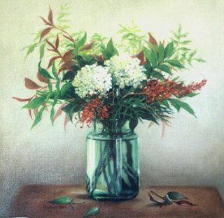 A   painting  by Australian artist Helen Paulucci, Flowers and titled Hydrangeas