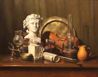 An Oil painting by Gregory R. Smith in the Realist Impressionist style  depicting Still Life Books Bottles and Drapery and titled Spring Girl and Shadowed Strings