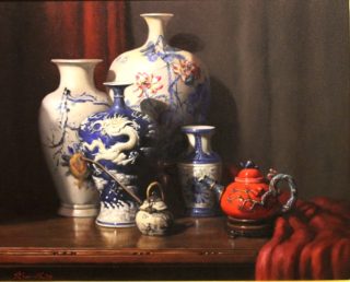 An Oil painting by Gregory R. Smith in the Realist Impressionist style  depicting Still Life Bottles Drapery and Interior and titled Oriental Red White and Blue