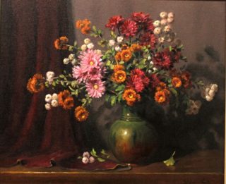 An Oil painting by Gregory R. Smith in the Realist Impressionist style  depicting Flowers Interior and Pots and titled Autumnal Chrysanthemums
