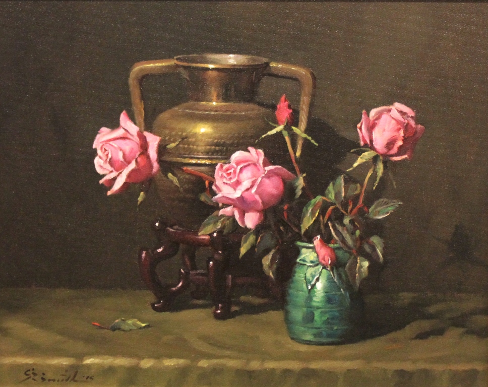 Oil Painting by Gregory R. Smith titled Pink on Brass and Rosebud Vase