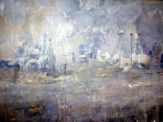 An Acrylic painting by Jeanette Adams in the Contemporary style  Beach Boats and Bridge with main colour being Blue Gold and Grey and titled Impression