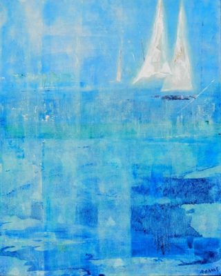 An Acrylic painting by Jeanette Adams in the Contemporary style  depicting Boats Beach and Interior with main colour being Blue Green and White and titled Sails Out Of The Blue