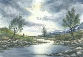 A Watercolour painting by Steven Scott Trees and Water with main colour being Blue and titled In a Place Where Time Forgot