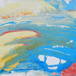 An Acrylic painting by Jeanette Adams in the Semi-Abstract Impressionist style  depicting Seascape Beach and Sea with main colour being Blue Green and Ochre and titled Spray at Williamstown