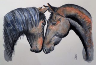 A Watercolour painting by Anne Gardner in the Realist Impressionist style  depicting Animals and Horses with main colour being Black and Brown and titled Horse lovers