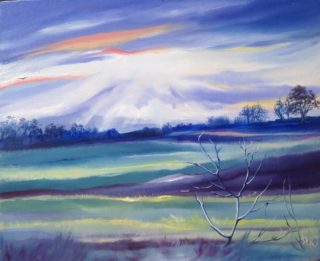 An Oil painting by Lesley Rosochodski in the Realist Impressionist style  depicting Landscape Bush Farmland and Rural with main colour being Blue Green and Pink and titled Sunset Over the Paddocks