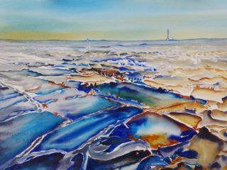 A Watercolour painting by Marion Chapman in the Semi-Abstract style  depicting Beach with main colour being Blue and Yellow and titled Broome Rockpools