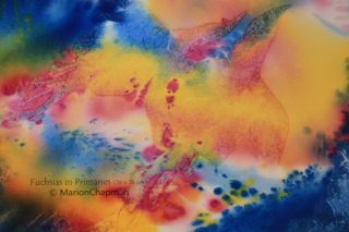 A Watercolour painting by Marion Chapman in the Semi-Abstract style  depicting Flowers with main colour being Blue Red and Yellow and titled Fuchsias in Primaries