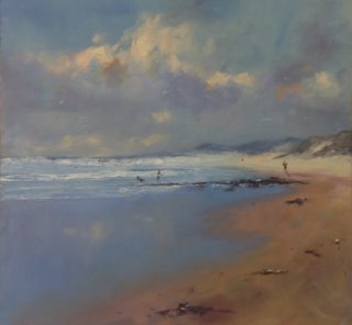 An Oil painting by Heinz Fickler in the Realist Impressionist style  depicting Seascape Beach Water and Waves with main colour being Blue Grey and White and titled Jogging at Gunnamatta ( Vic )