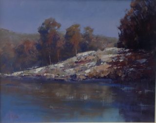 An Oil painting by Heinz Fickler in the Impressionist style  depicting Landscape Hills Trees and Water with main colour being Blue and Olive and titled Landscape 2