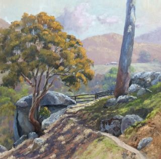 An Oil painting by Nicki Hall depicting Landscape Mountains Rocks and Rural with main colour being Blue Grey and Ochre and titled Bemboka Track