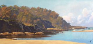 An Oil painting by Nicki Hall in the Realist Impressionist style  depicting Landscape Beach Hills and Water with main colour being Blue Ochre and Olive and titled Fishing at Moggie