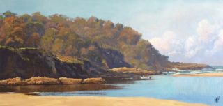 An Oil painting by Nicki Hall in the Realist Impressionist style  depicting Landscape Beach Hills and Water with main colour being Blue Ochre and Olive and titled Fishing at Moggie