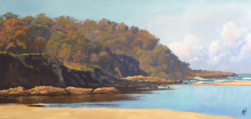 Oil Painting by Nicki Hall titled Fishing at Moggie