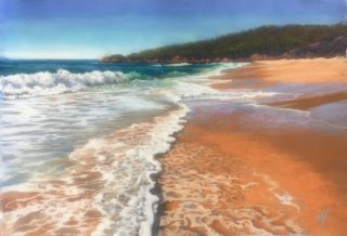 A Pastel artwork by Nicki Hall in the Realist Impressionist style  depicting Beach Water and Waves with main colour being Blue Ochre and Olive and titled Foamy Day Arugunnu