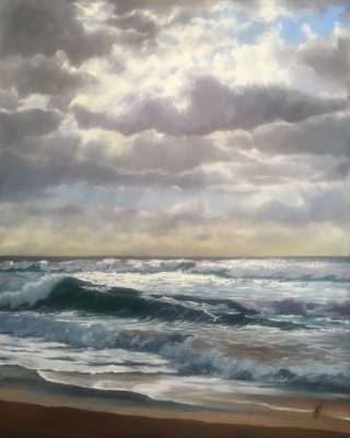 An Oil painting by Nicki Hall in the Realist Impressionist style  depicting Beach Water and Waves with main colour being Blue and Grey and titled Silver Morning Aragunnu